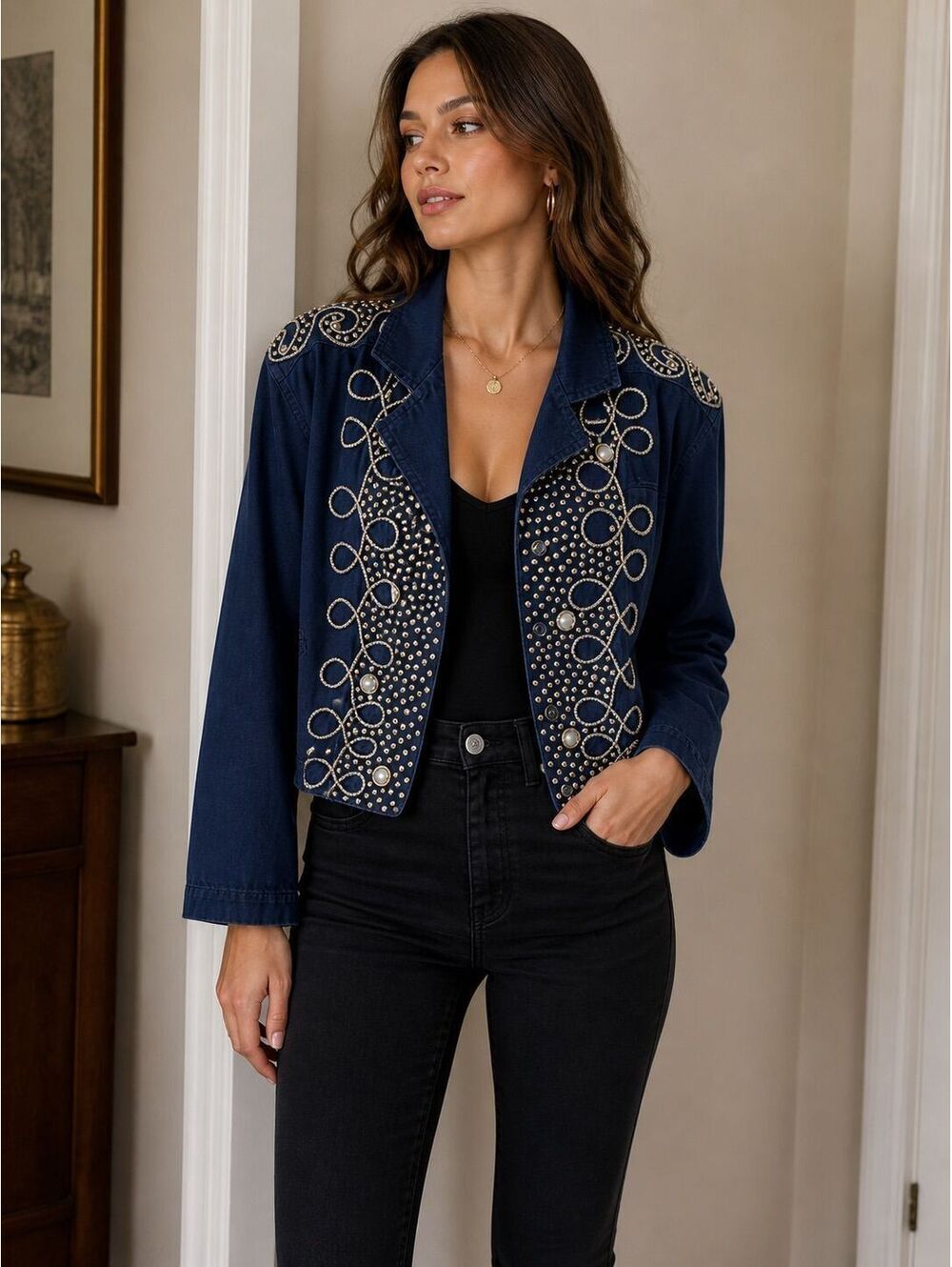 Vintage Cache Denim Rhinestone & Embroidered Cropped Jacket - Picture 2 of 2